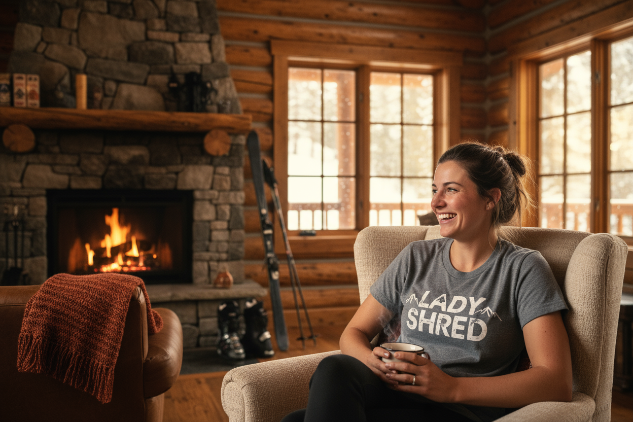 show apres ski scene with a woman sitting smililng on the right side wearing a lady shred tshirt